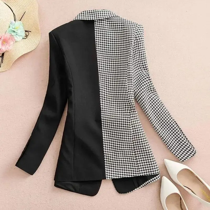 Spring Autumn Fashion Patchwork Houndstooth Button Blazers Women Long Sleeve All Match Office Lady Top Y2K Korean Casual Clothes