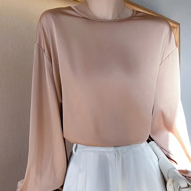 2025 Spring New Retro Long-sleeved Women's Satin Shirt Top Women Temperament Blouse Ice Silky Blouse Women