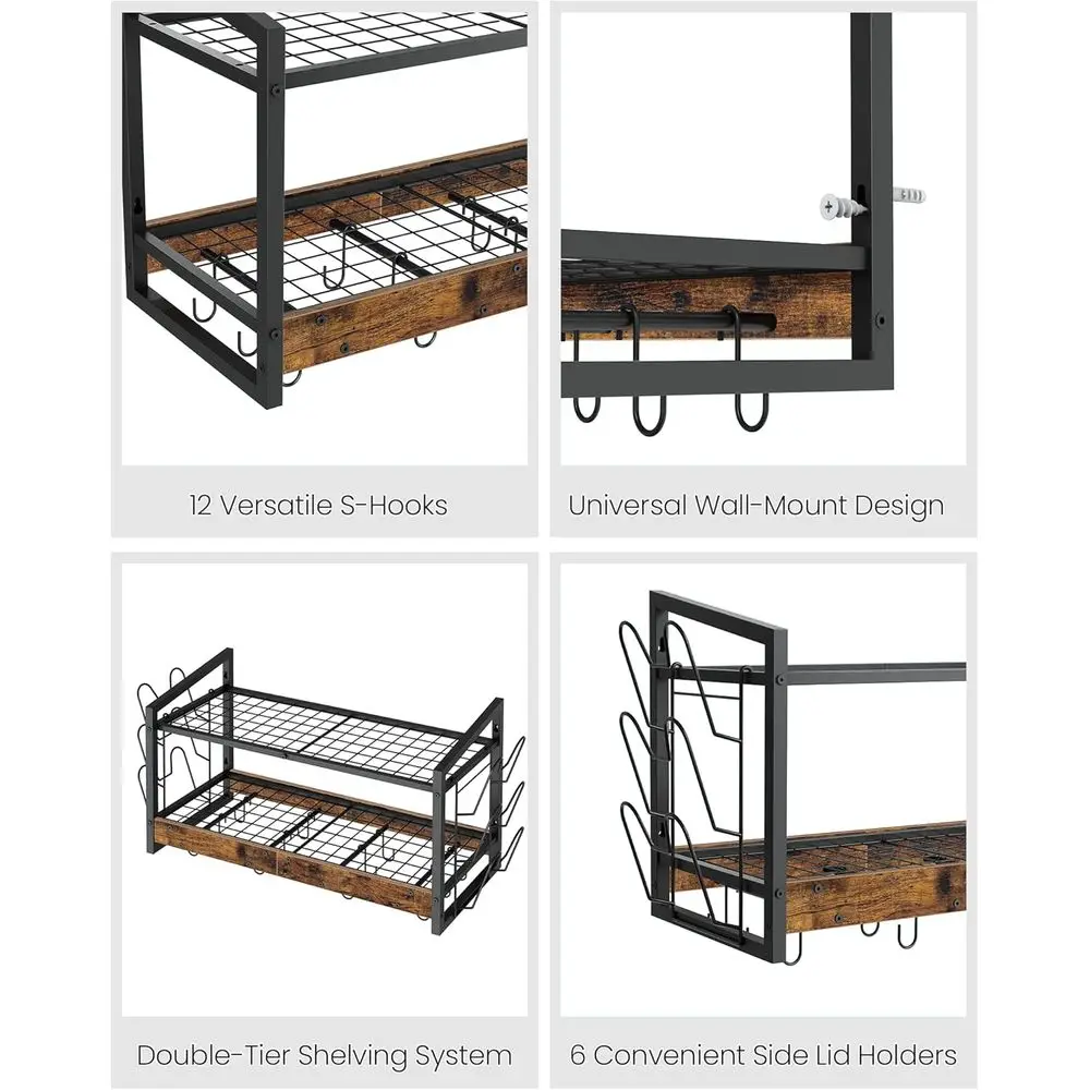 رف أوعية مثبت على الحائط من طبقتين، 12 خطافًا، منظم تخزين المطبخ للأواني والمقالي والأواني والبني الريفي TPR02BF #6