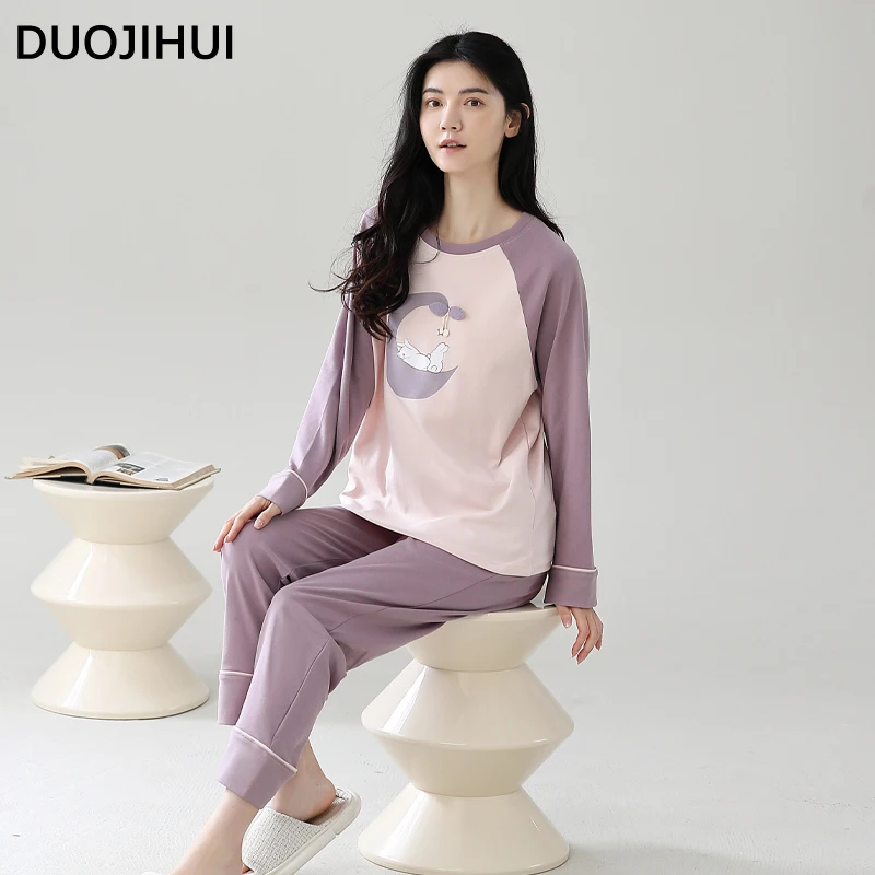 DUOJIHUI Autumn Sweet Print Spell Color Female Pajamas Set O-neck with Chest Pad Top Loose Fashion Pant Simple Pajamas for Women