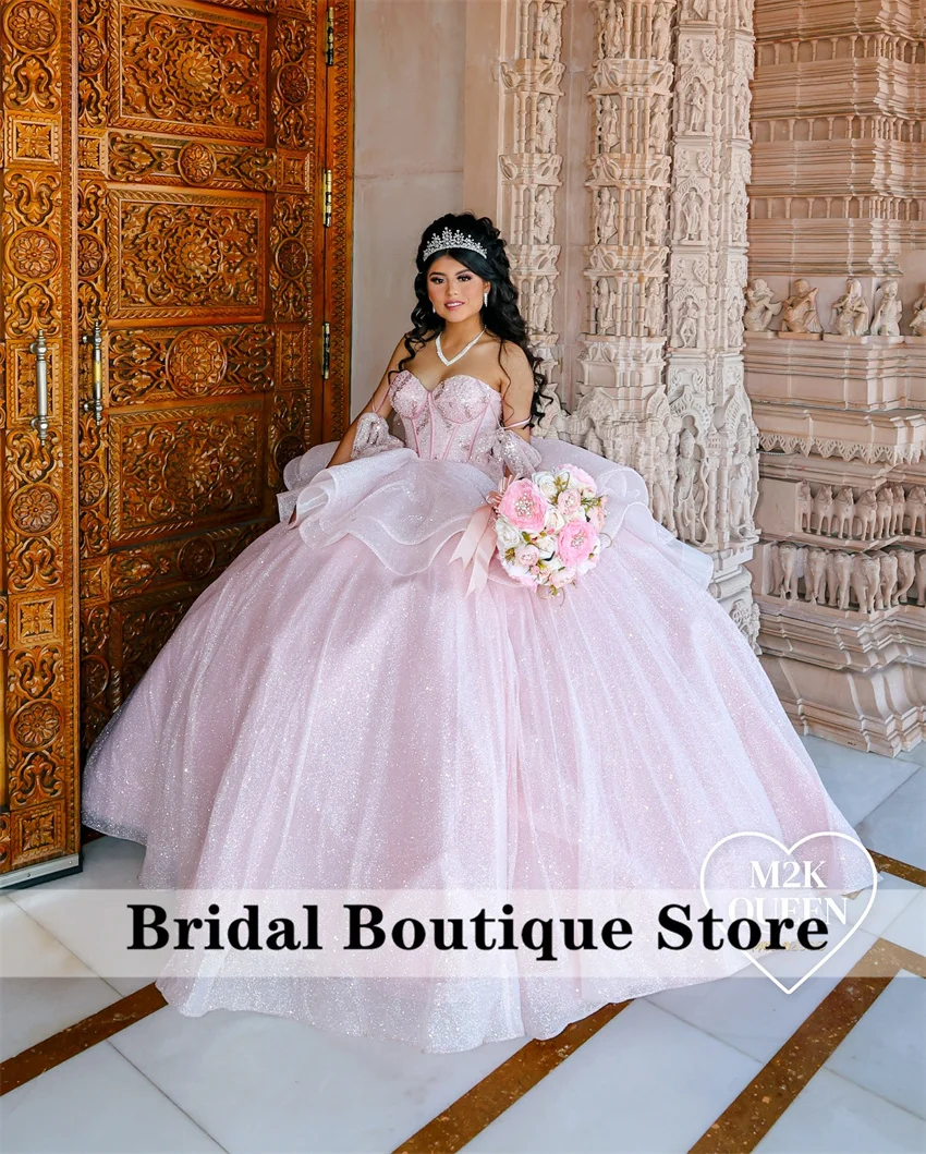 Sparkly Pink Quinceanera Dress 2024 Pearls Beads Crystals Pleats Ball Gown With Bow Court Train Vestidos De 15 Años