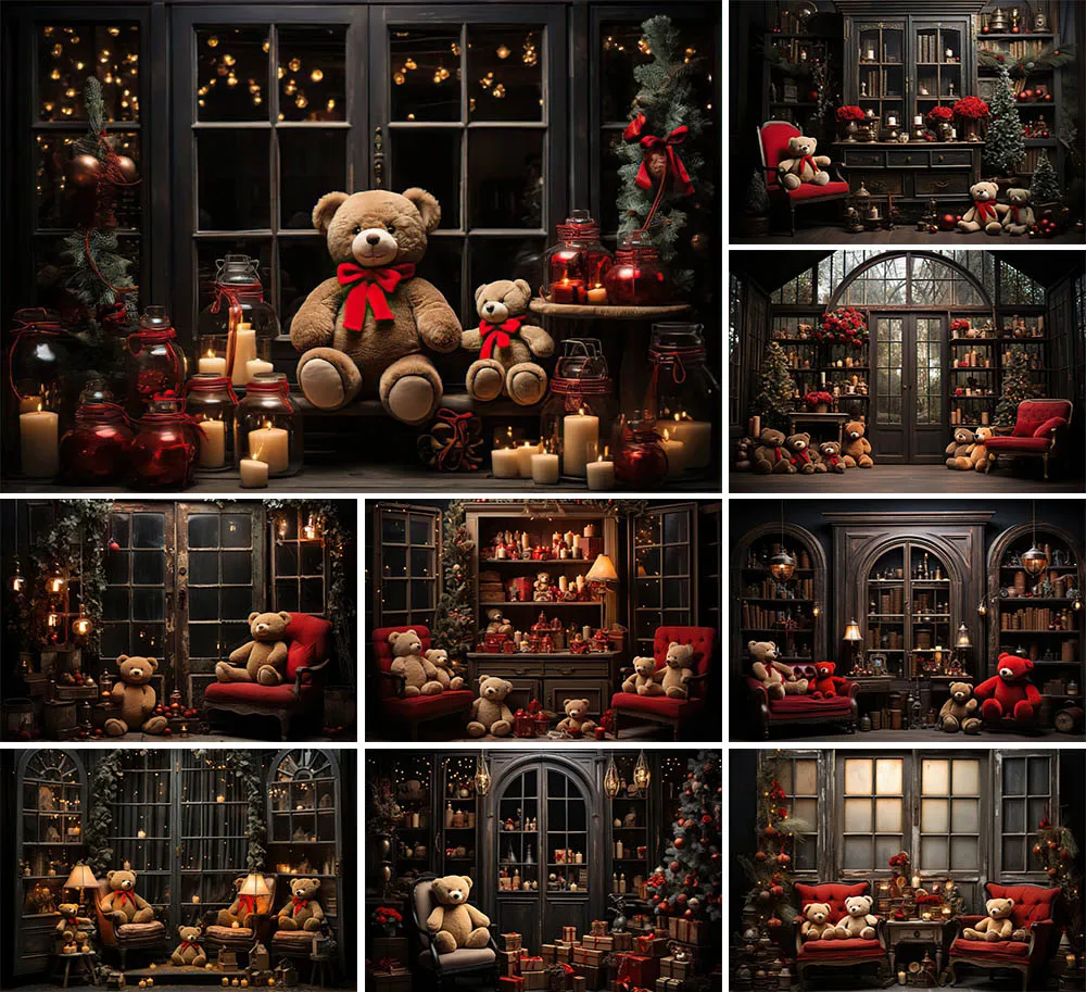 

Mehofond Indoor Christmas Photography Backdrop Family Kids Holiday Party Toy Bear Vintage Window Flower Decor Photo Backgrounds