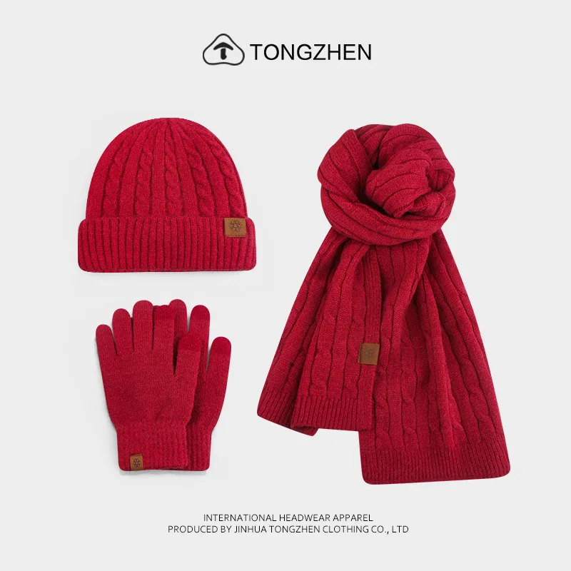 

Зимняя теплая шапка из трех предметов, шарф, перчатки, женский новый стильный комплект, утолщенные вязаные шерстяные шапки с защитой от холода для мужчин