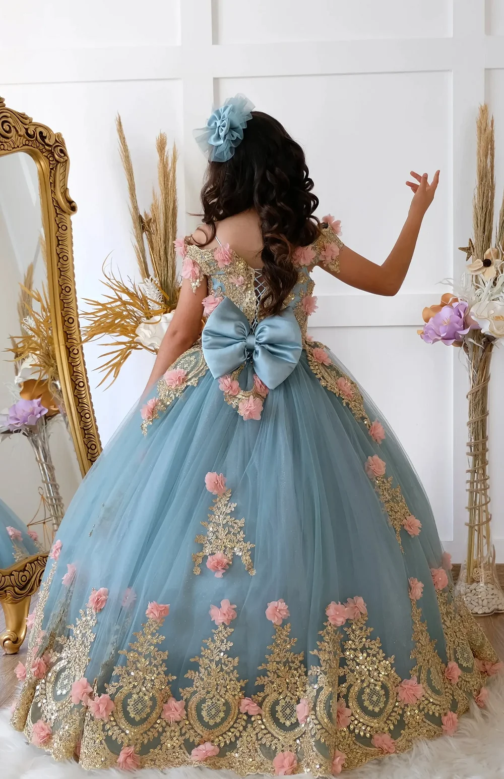 Robe de demoiselle d'honneur avec appliques dorées magnifiques, Quinceanera, robes de princesse longues, robe de Rhd'anniversaire, robe de soirée florale pour bébé fille, robes de fête de mariage