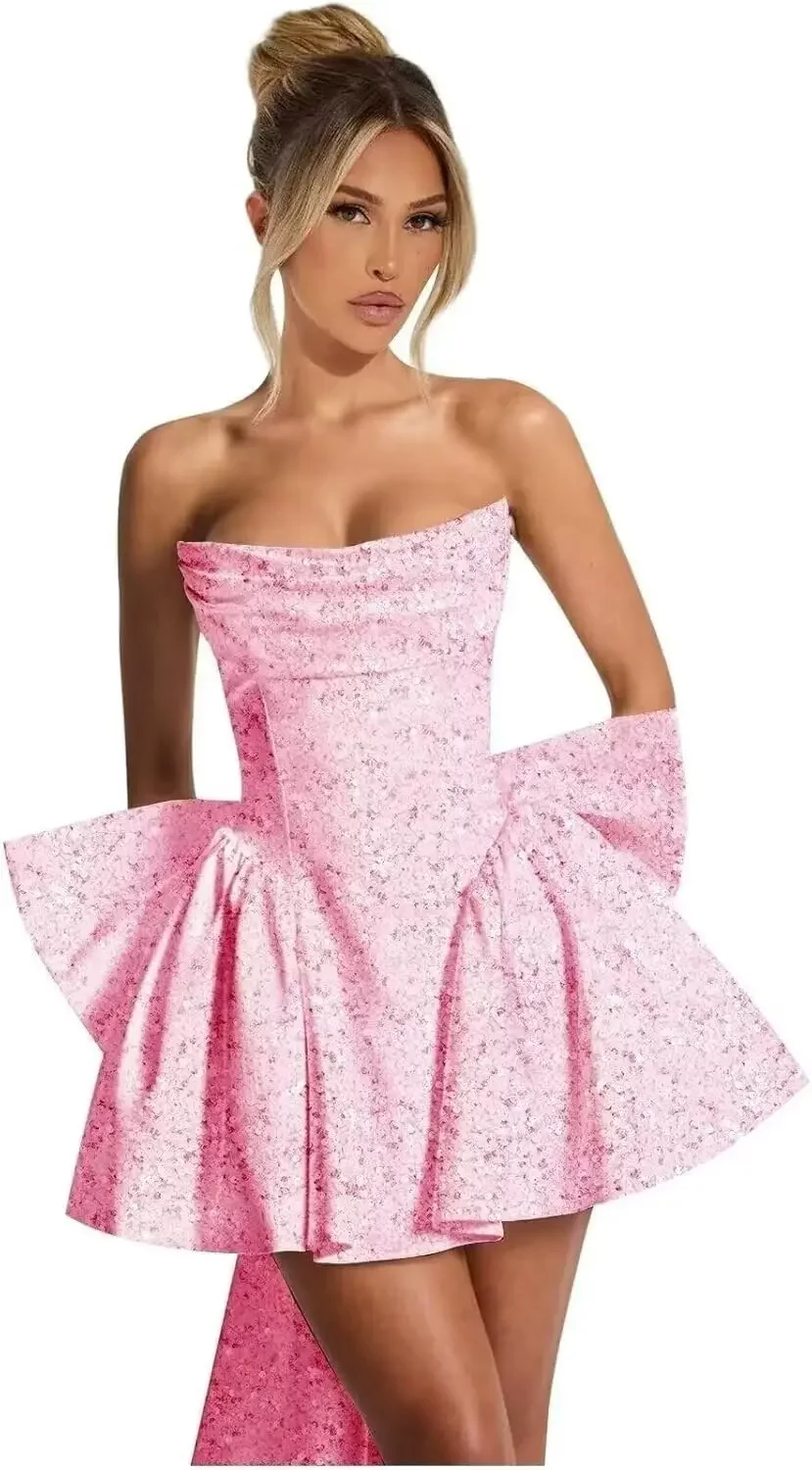 Robe de remise de diplôme courte avec corset, ligne A, robe de soirée de Cocktail, robes de soirée à paillettes avec nœud, sans bretelles