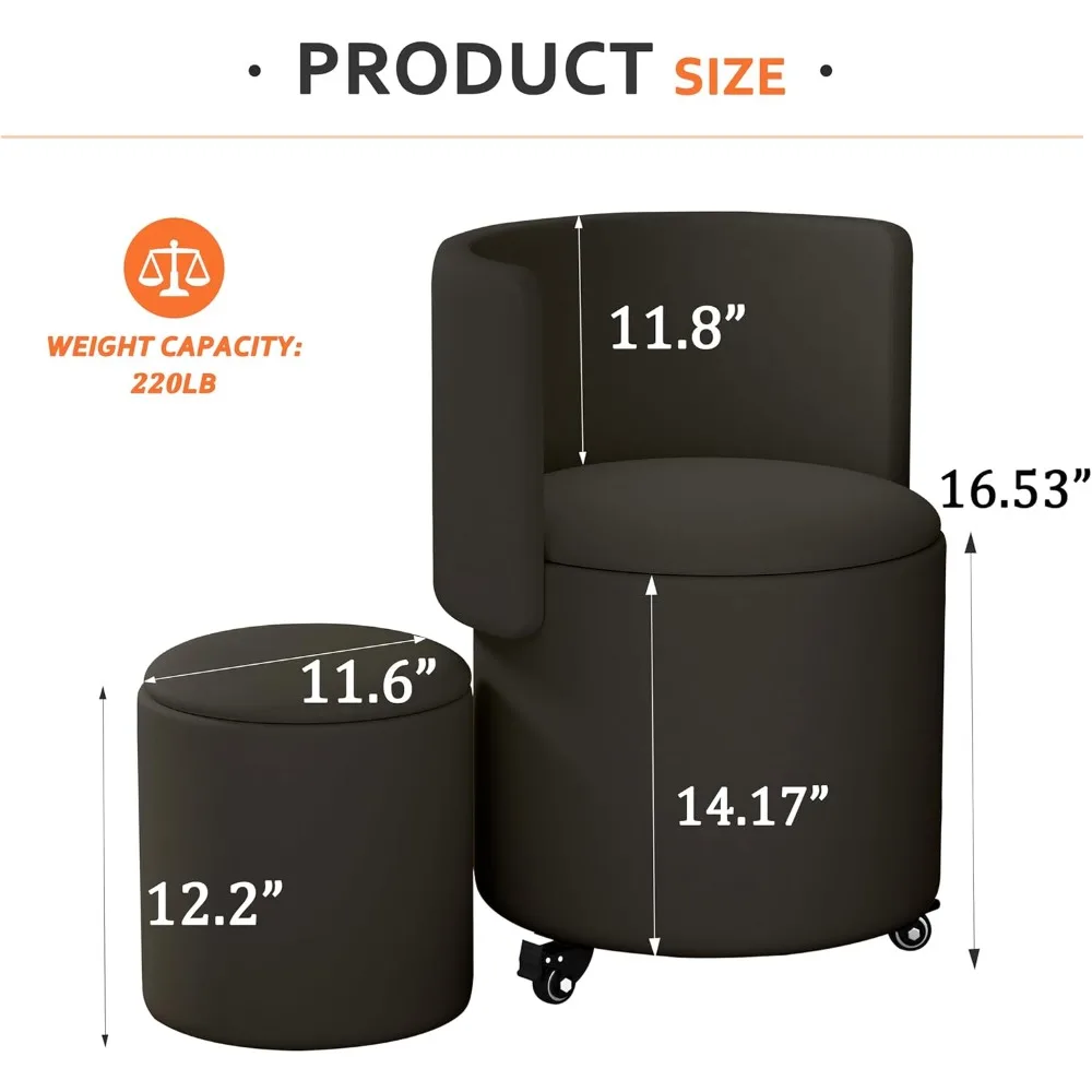 كرسي مستدير مع مساحة تخزين، كرسي مكياج دوار من جلد البولي يوريثان مع ظهر قابل للطي، عثماني منجد لـ B #2