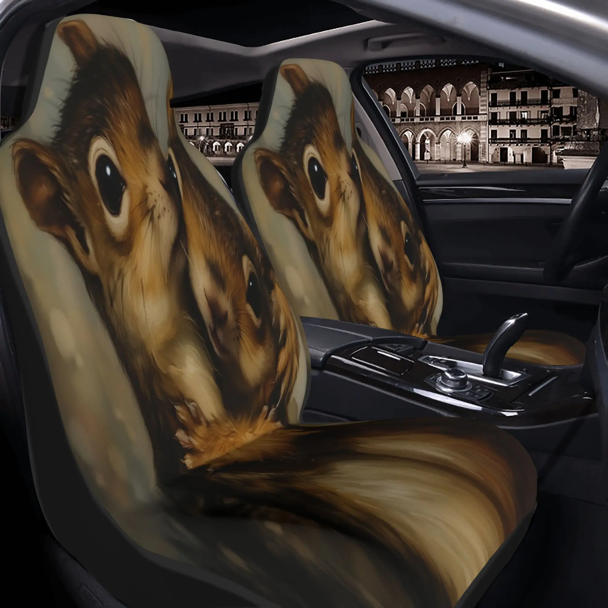 Set Of Two Charming Squirrels Cuddling In A Cozy, Artistic Woodland Environment. These Car Seat Covers Fit For All Types Of Vehi