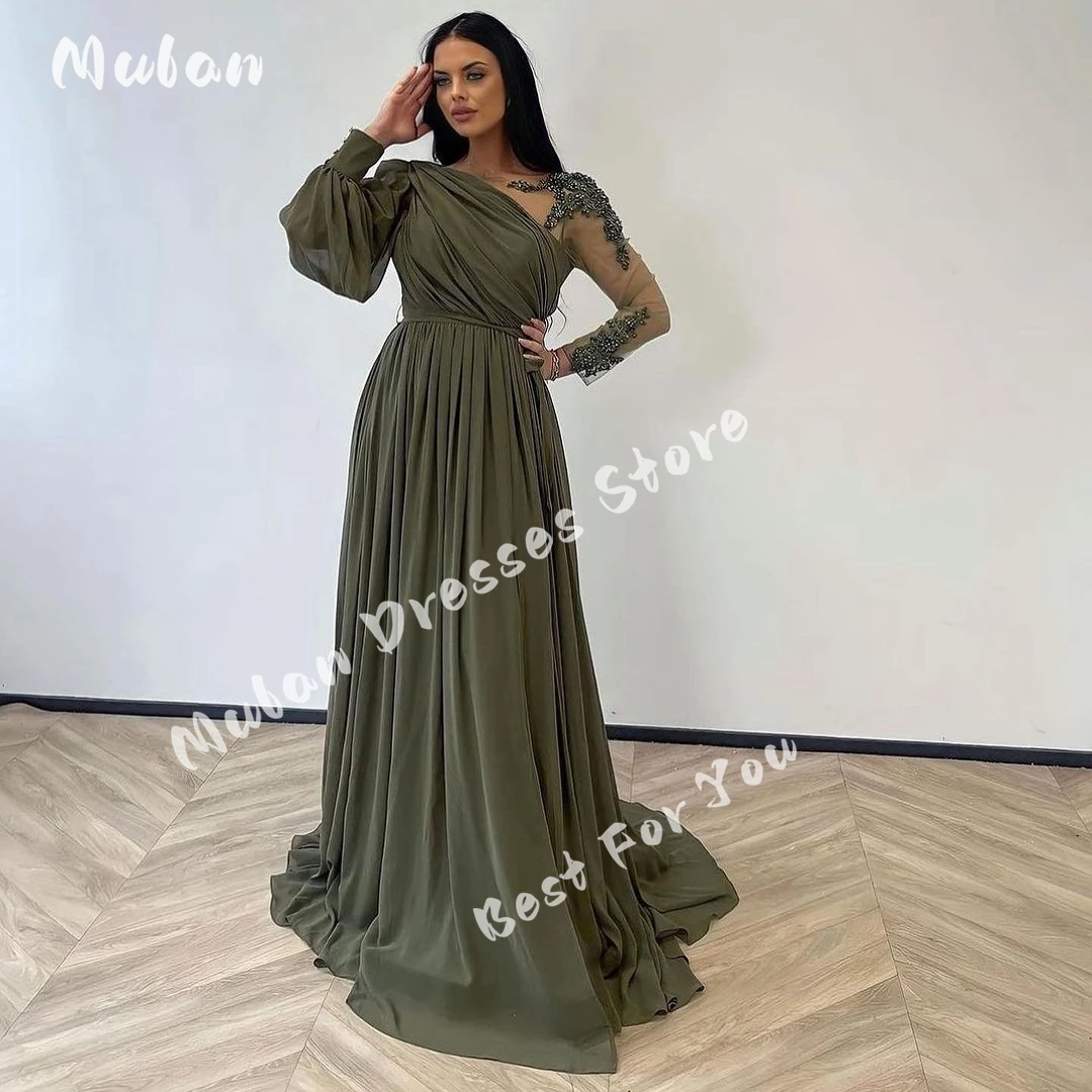 Beads Appliques Long Sleeves Prom Dresses Pleated A-line Elegant Evening Dresses 2024 Formal Wedding Party Gown Vestidos