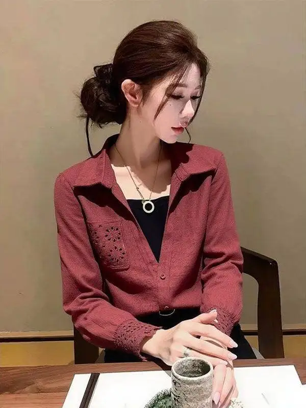 

Красная женская блузка с вырезами, весенне-осенняя, повседневная, свободного кроя, длинная, на пуговицах, базовый слой, для ношения под одеждой, молодежная