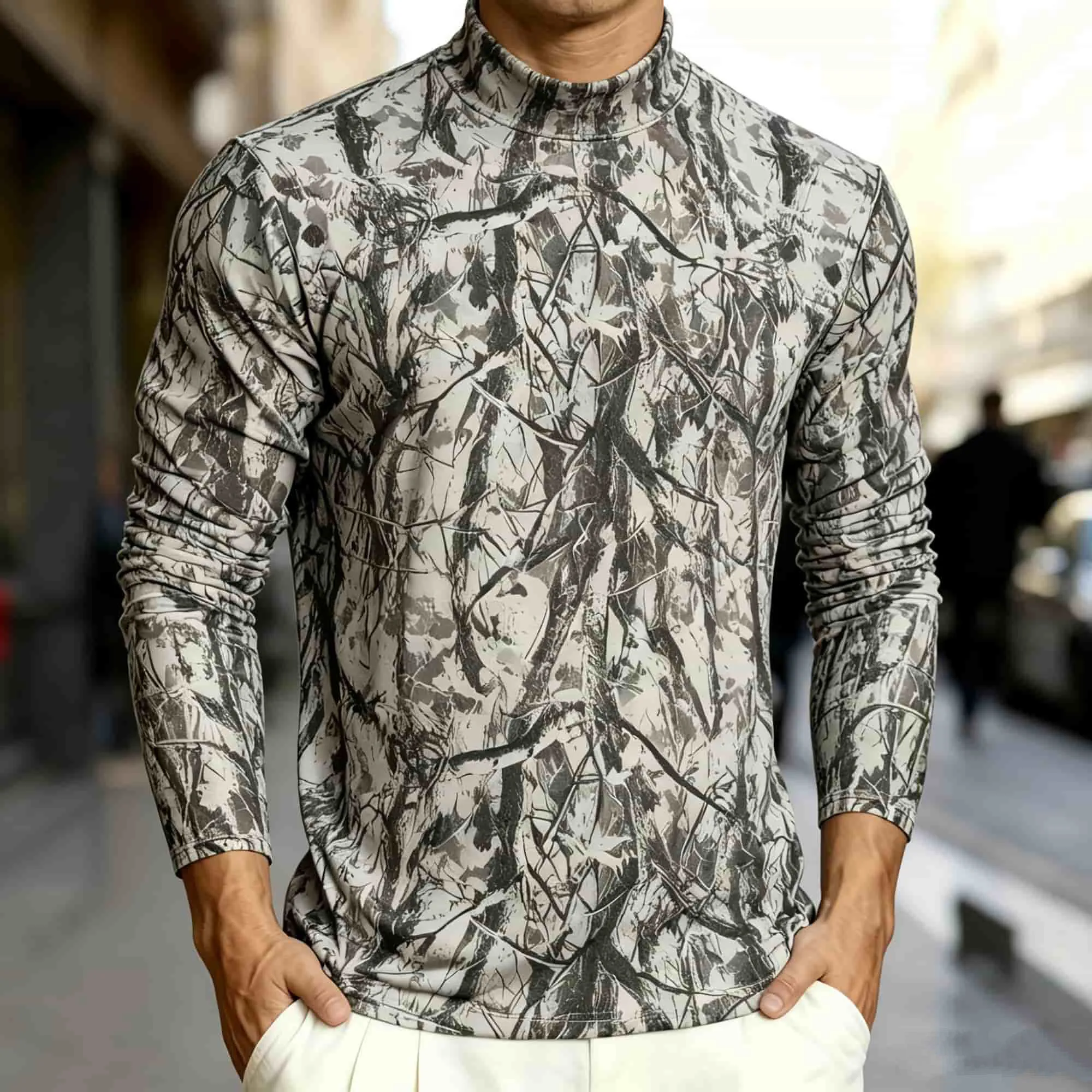 Vintage Tree Bark Camo Men Mock Neck Long Sleeve Tee Soft Stretch Casual Shirts For Outdoor Hunting Daily Streetwear