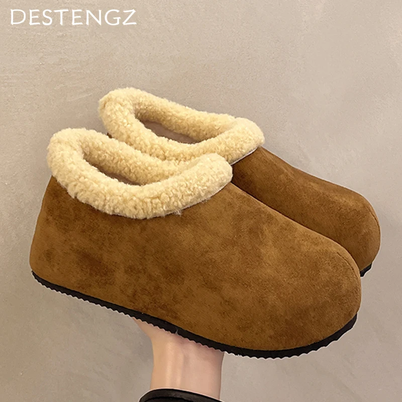 Mocassins chauds en peluche pour femmes, fourrure, chaussures plates en daim, bottes décontractées, tendance hiver, nouvelle marque de créateur, mode, 2025