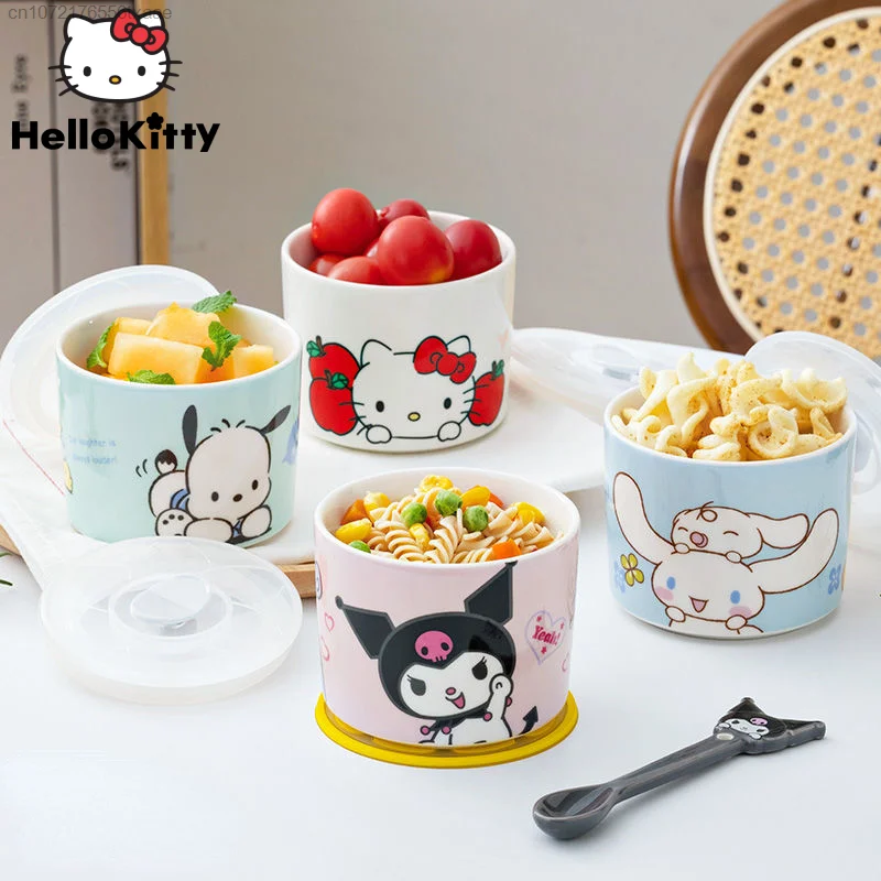 

Sanrio Hello Kitty Bowl Kurommi Cinnamonroll Ceramic Tableware 310ml Fruit ramen Bowls With Lid y2k women Kitchen Accessories