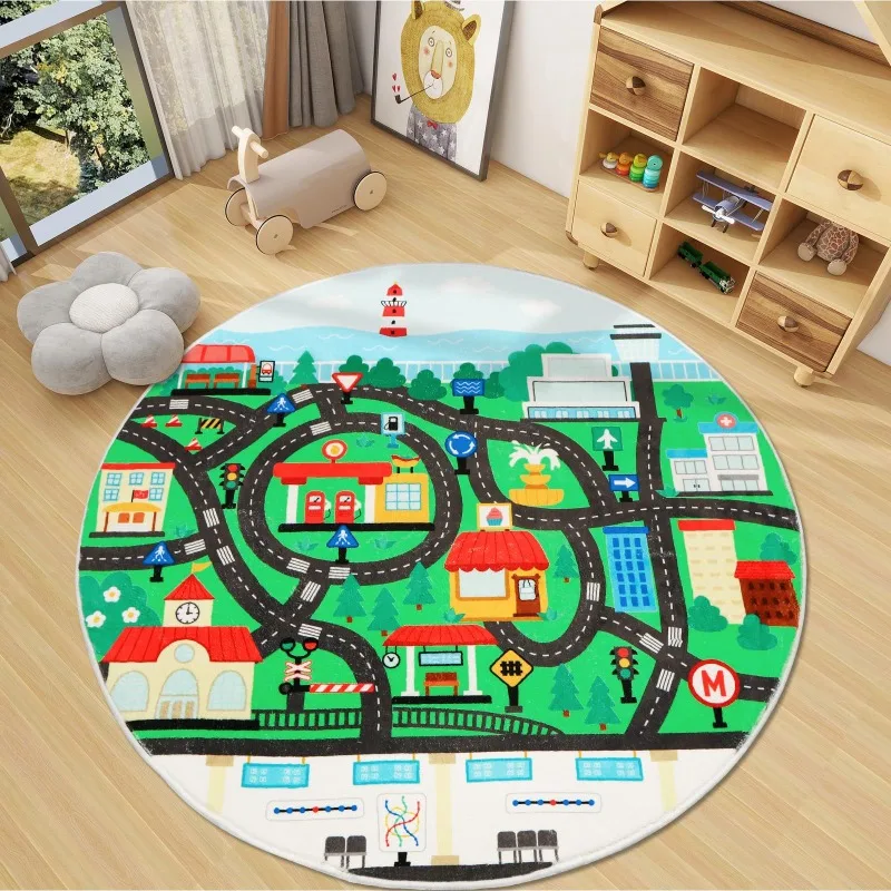 Round Play Mat Cartoon City Traffic Road Map Printed Circular Carpet Small Town Buildings for Apartment Playroom Sofa