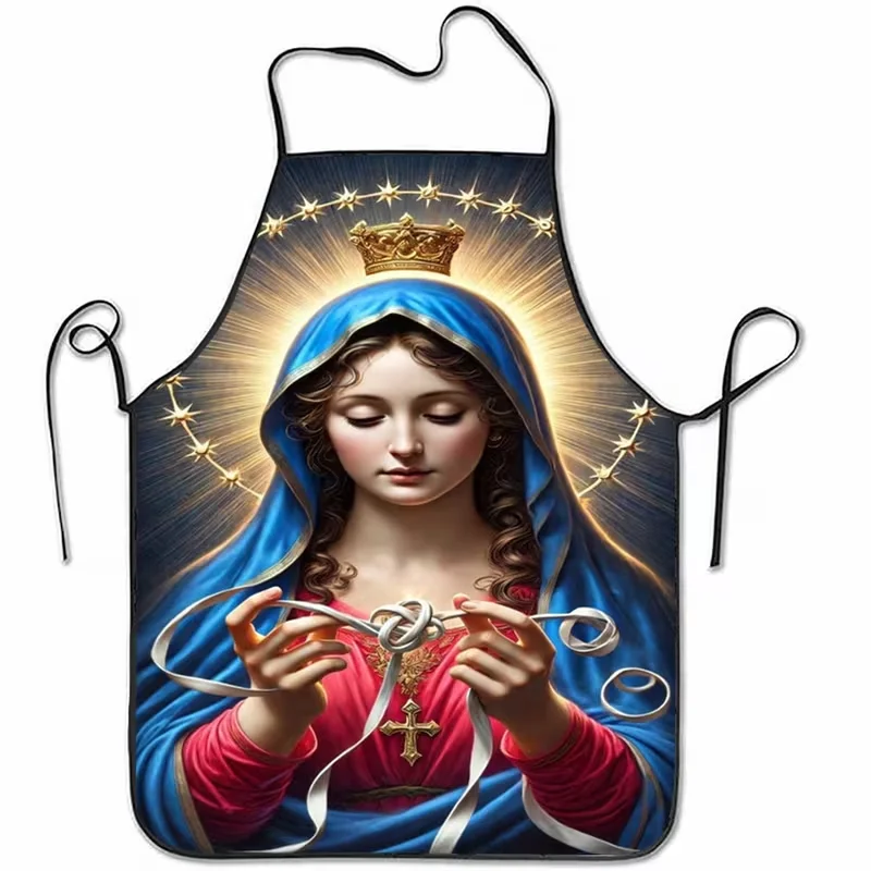 Virgin Mary and Angel Religious Icon Print Polyester Apron, Durable and Comfortable Kitchen, Baking, Gardening Golden Accents
