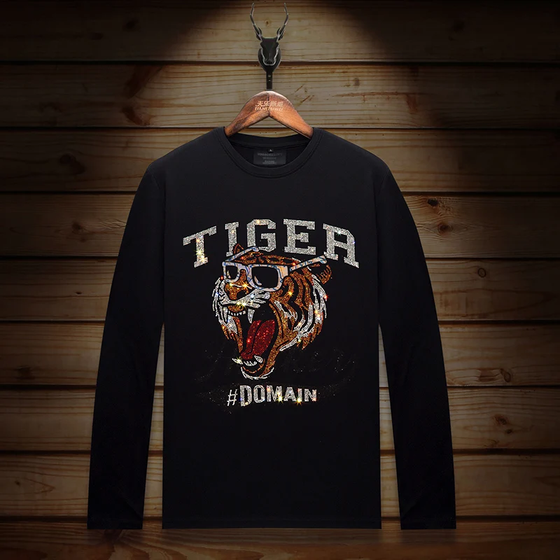 Fashion Tiger Diamonds T Shirt for Men Clothing 2023 New Trend O Neck Long Sleeve Slim Casual Mens T-shirts Camisa Masculina