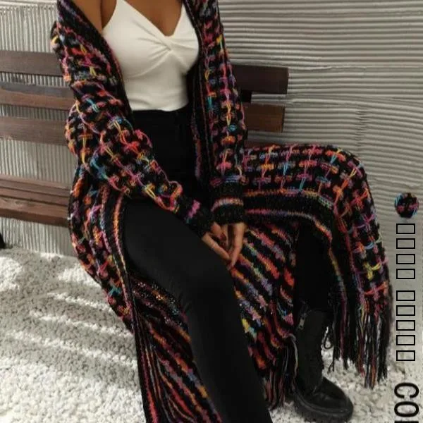 

Women's Blo Color Tassel Open Cardigan Casual Long oulder Drop Knitted Sweater Ci Walk Thiened Nine Sve Collar