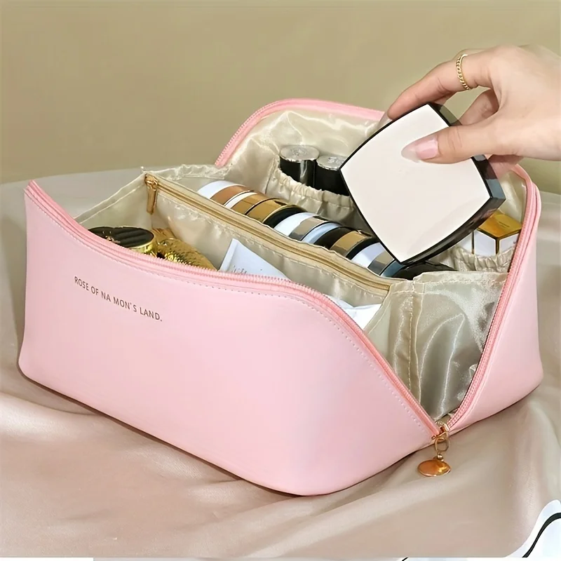 Große Wasserdichte Reise-Make-up-Tasche mit Trennwänden & Griff, Kunstleder Kosmetik-Organizer für Toilettenarembali & Zubehör