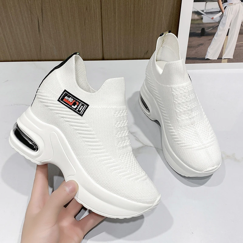 New Ladies Sneakers Spring Sequin Casual Women\'s Platform High Heels Wedge Heel Heightening Knitted Ladies Vulcanized Shoes