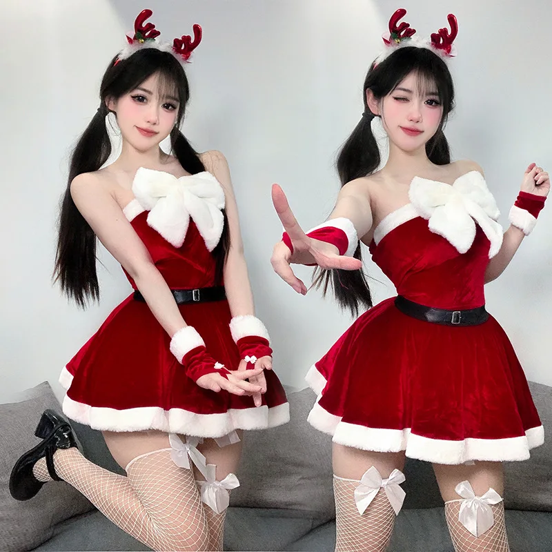 Świąteczna pluszowa aksamitna sukienka z dużą kokardą Xmas Santa Claus Uniform Cosplay Costume Cute Sweet New Year Nightdress Outfits Halloween