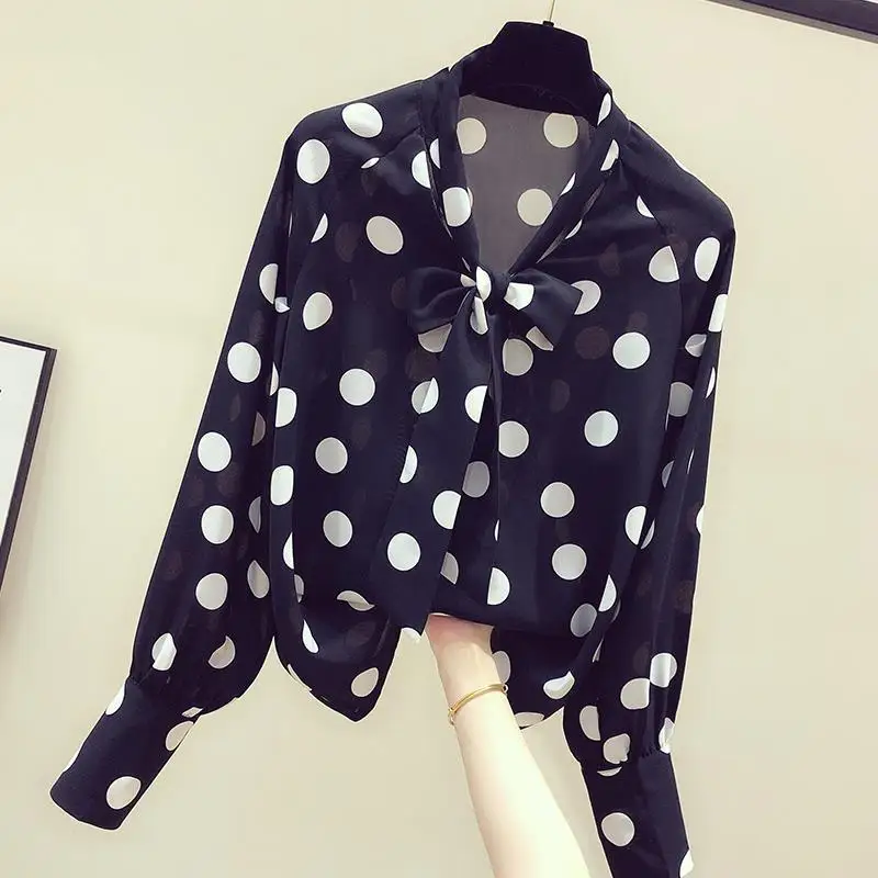 Blouse Women Polka Dot Chiffon Shirt Women\'s Spring  Autumn Retro Girl Long Sleeve Loose Top Blusas Mujer De Moda