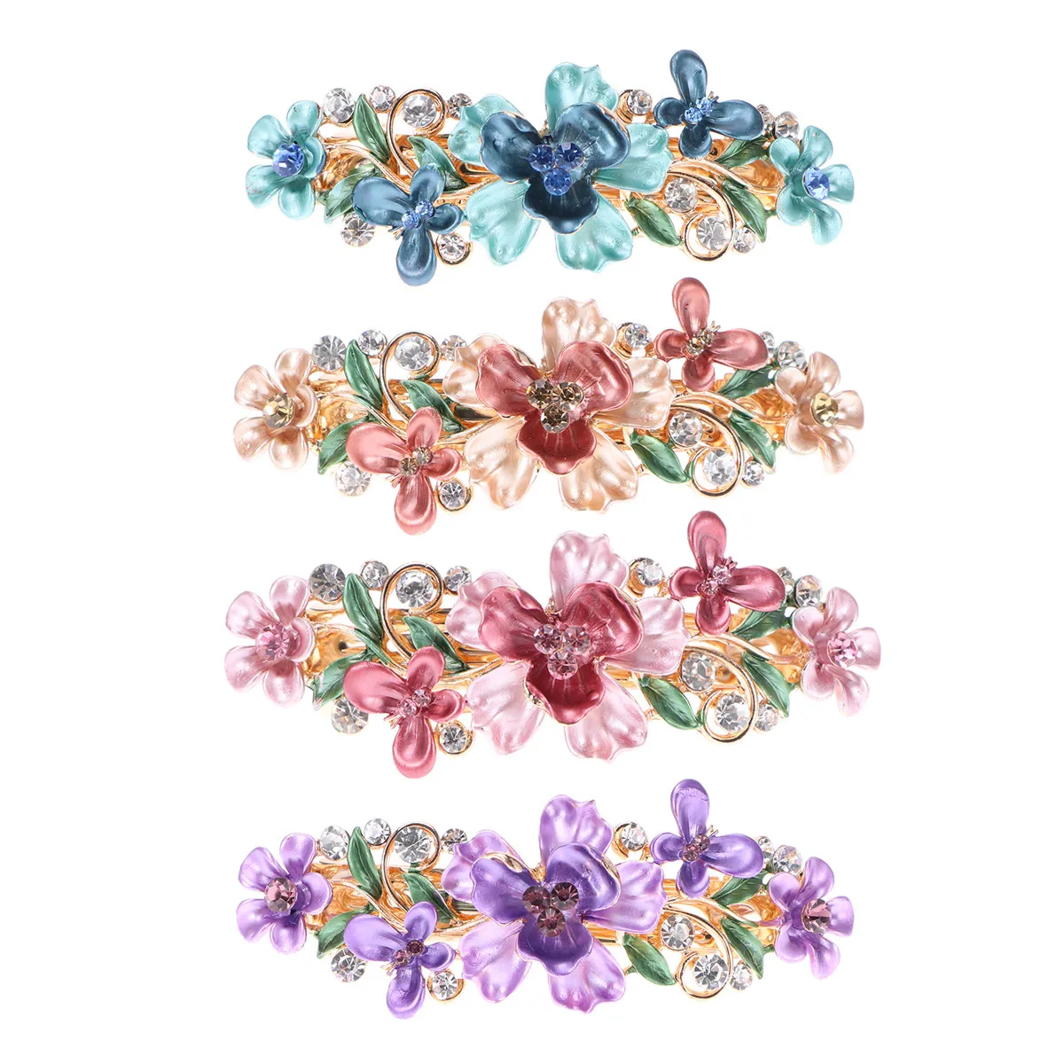 

4Pcs Rhinestone Plum Clips Flower Shape Metal Barrettes for Women Girls Stylish Elegant Hair Jewelry Accessories