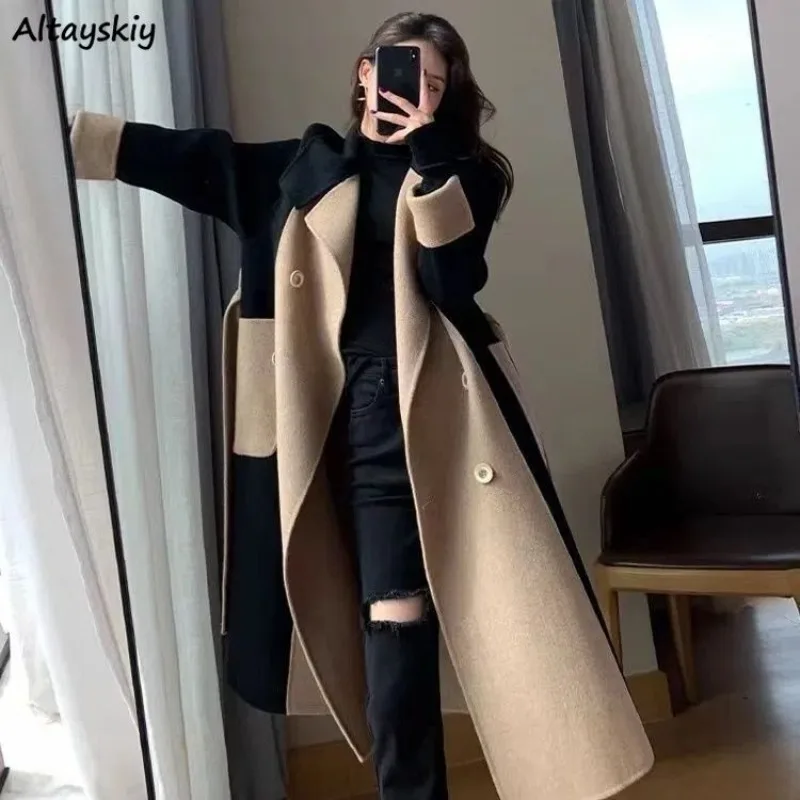 

Patchwork Baggy Blends Women Winter Cozy Ulzzang Office Lady Temperament Chic Panelled Design High Street Cool Leisure Outerwear