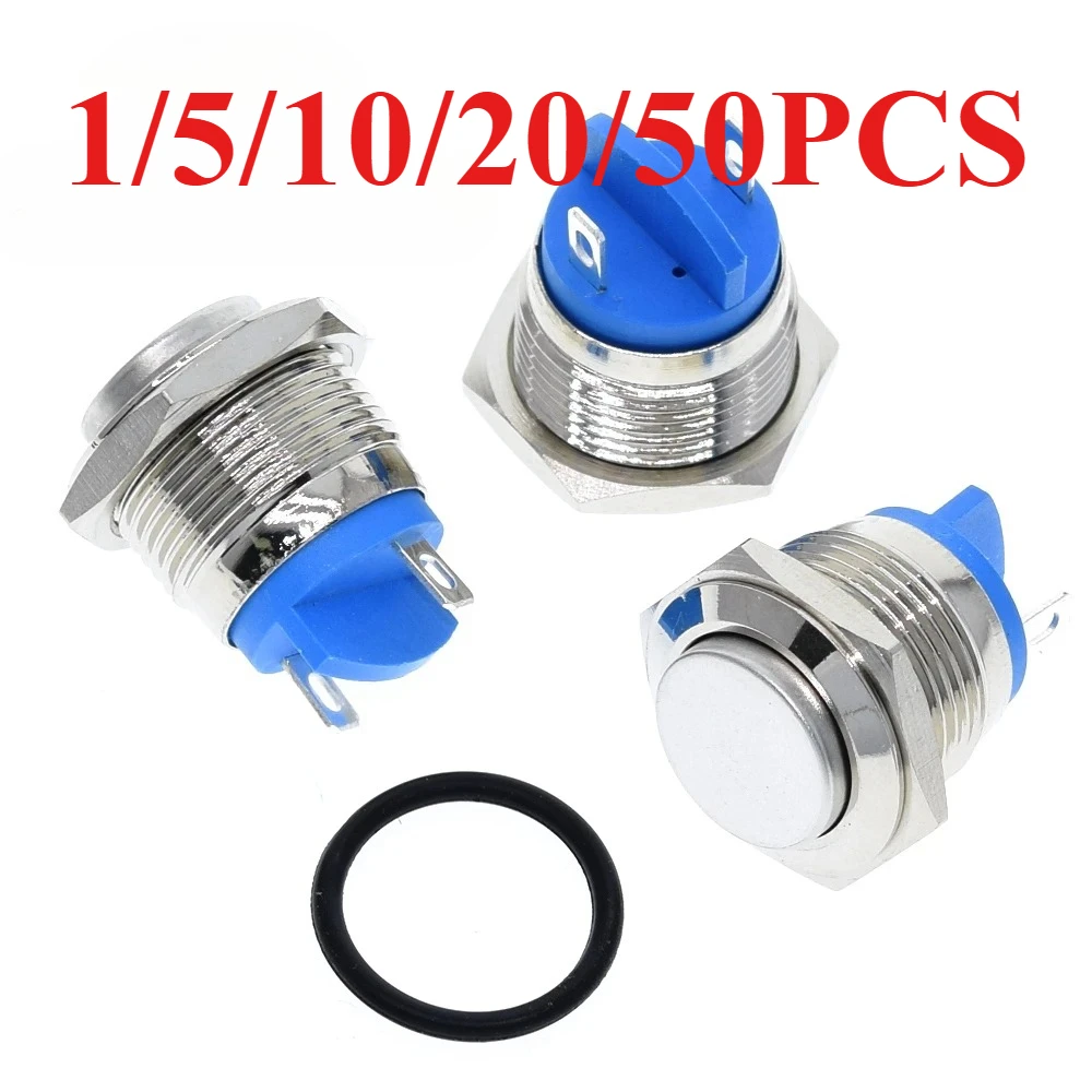 1/5/10/20/50PCS 16mm Metal Push Button Waterproof Nickel Plated Brass Button Switch Press Button Reset 1NO High Round Momentary