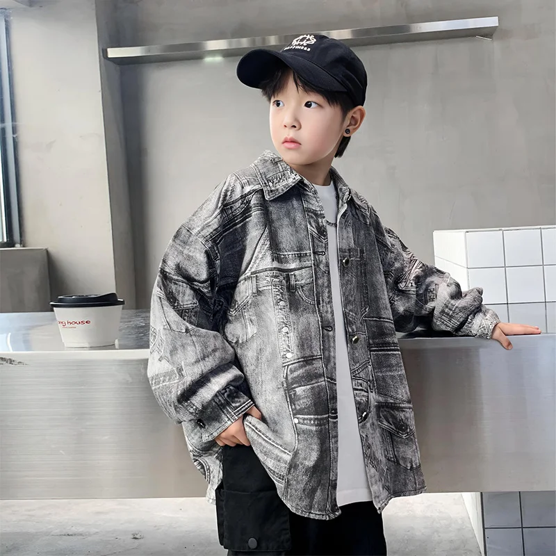 New Autumn Kids Grey Denim Jacket for Boys Fashion Pocket Coats Children Clothing Spring Clothes Shirts Top Outerwear 5-14 Years