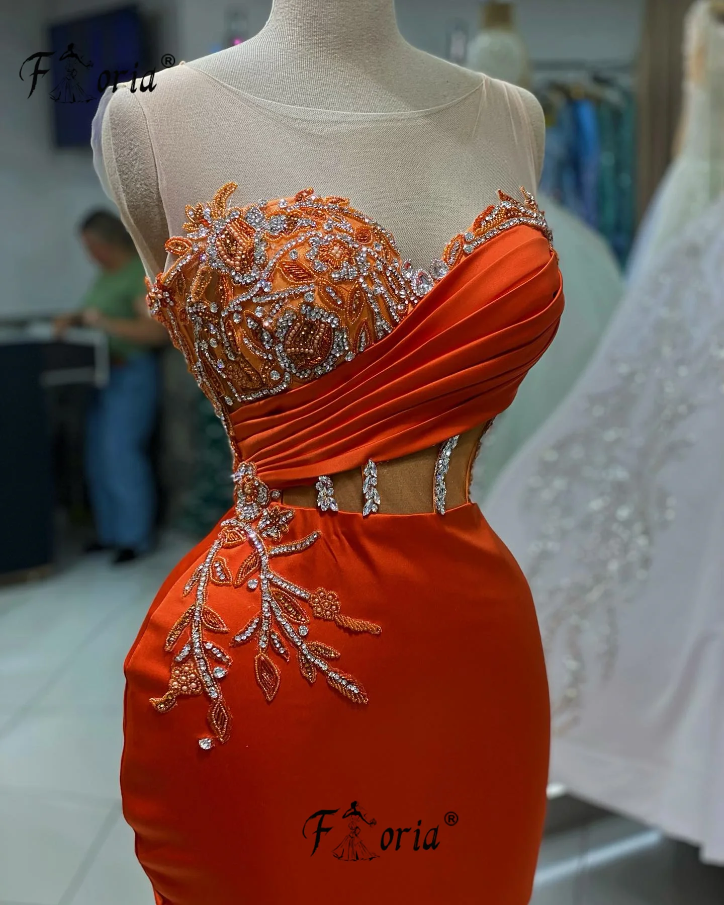 Orange Satin Sheer Neck Mermaid Formal Occasion Party Gowns Beaded Corset Evening Dresses Custom Made Maxi Prom Dress Elegantes