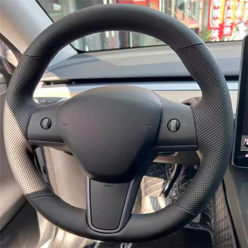 For Tesla Model 3 Model Y Hand Sewn Steering Wheel Cover with Leather All Inclusive Anti Slip Handle Cover