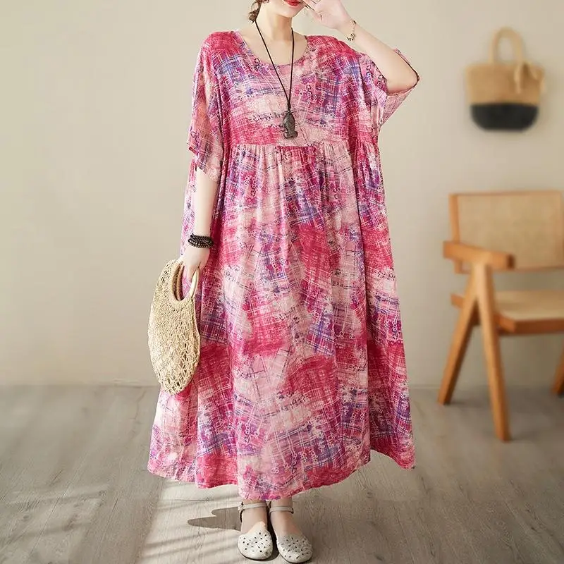 

Large Size Geometric Pattern Pullover ort Dr Vintage Sle A-Line Long Skirt Five Sve round Ne Ci Walk Dr