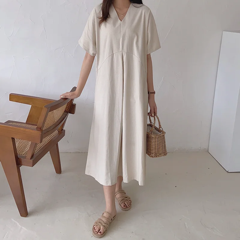 

New 2023 Fashion Elegant Dress Minimalism Summer V-neck Loose Cotton and Linen Comfortable Commuting Pretty Dresses for Women