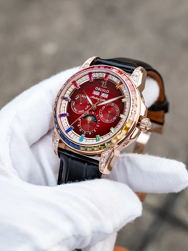 OBLVLO Men Automatic Watch 40mm Mechanical Wristwatch 5ATM Luminous Crystal Bezel Year,Month,Week,Date,24 Hours TY1655 Mov. view 3