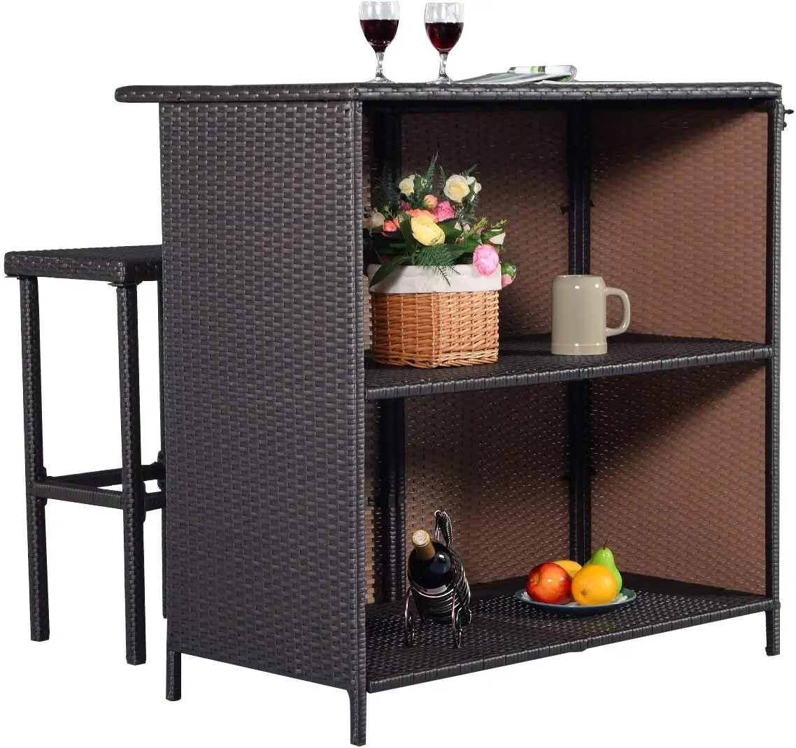 Outdoor Rattan Wicker Bar Set, Mesa do pátio e 2 fezes Móveis, Mix Brown, 3pcs