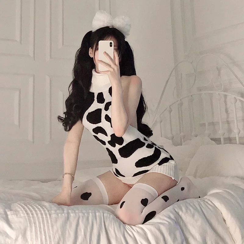 Lolita Cow Costumi Cosplay Maglione dolcevita senza schienale Giapponese Cute Anime Abito erotico Donna Lingerie sexy Abito senza maniche
