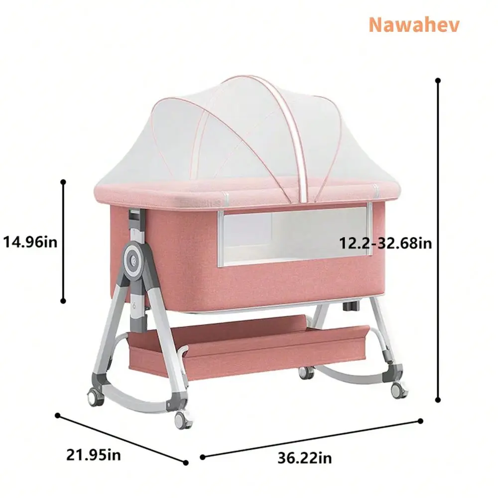 4In1 Baby Bassinet Bedside Sleeper, Adjustable 6 Height Levels, Lockable Wheels, Mosquito Net Large Storage Basket For Infant view 2