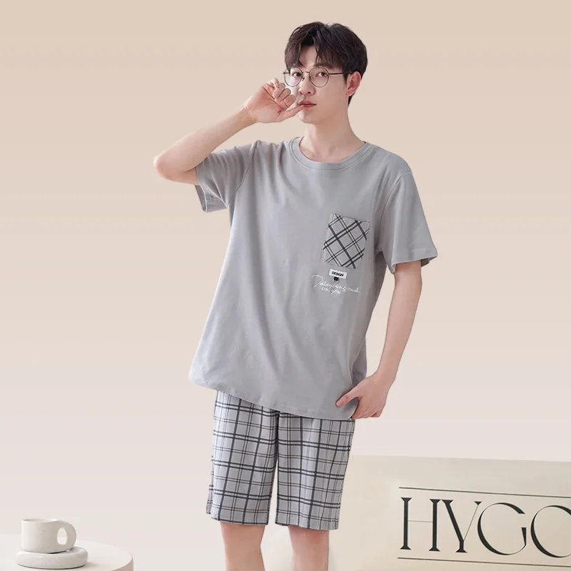 High Quality 100% Cotton Pajamas Suit Men\'s Summer Thin Loose Short Sleeve Loungewear Set Breathable Comfy Sleepwear Male Autumn