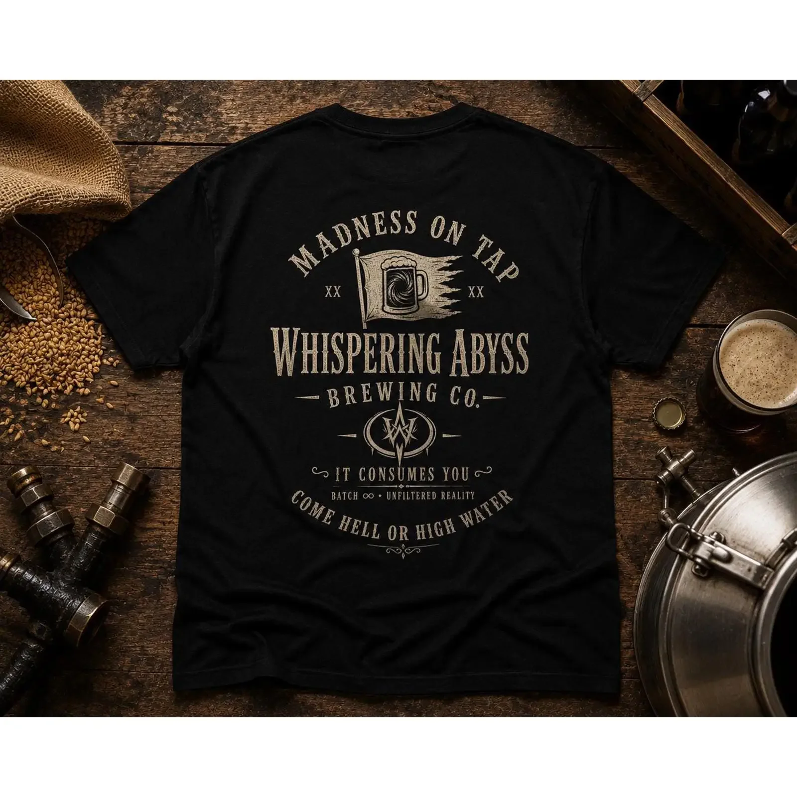 Madness on Tap T Shirt Cosmic Horror Brewery Eldritch Beer Dark Fantasy Gothic vintage Washed Comfortable fashion Soft Stylish