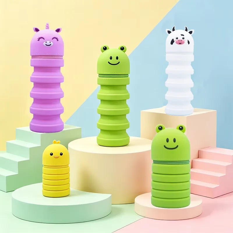 1PC Cute Cartoon Animal Telescopic Silicone Pencil Case Retractable Stand‑Up Pen Pouch Large Capacity Zipper Pen Bag School Gift