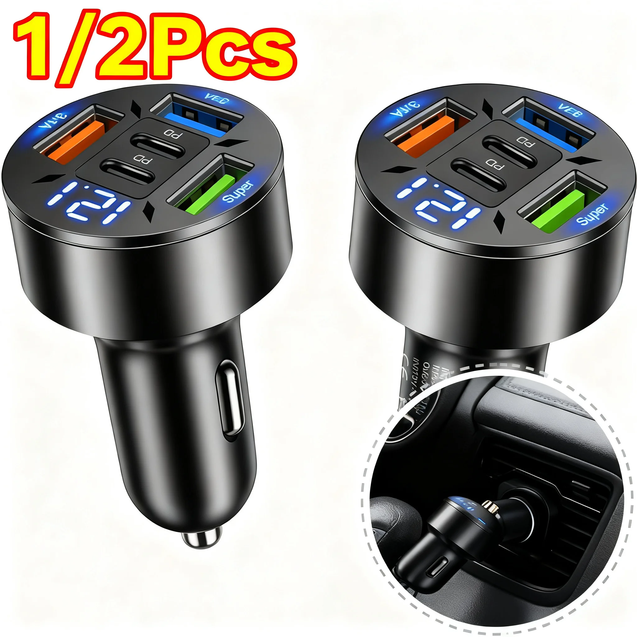 250W 5 Ports Car Charger Fast Charging PD QC3.0 USB C Car Phone Charger Adapter With Voltage For iPhone Samsung Huawei Xiaomi