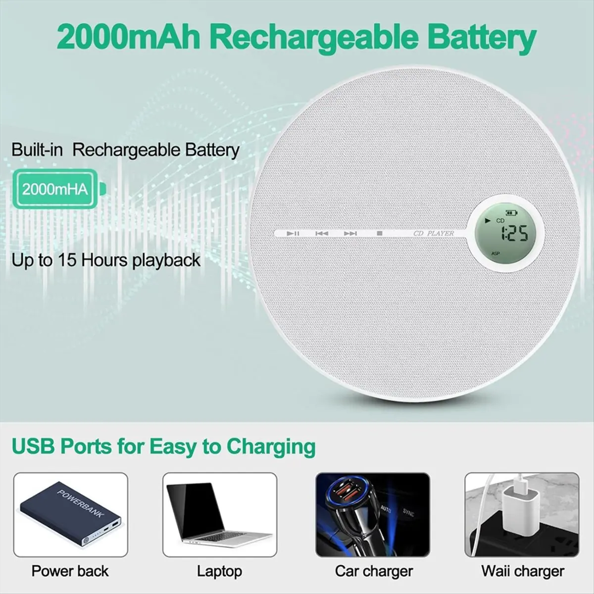 A86G NEW Rechargeable Bluetooth CD Player, Music CD Disc Player for Car/Travel, Home Audio with Stereo Speaker,AUX,USB Black