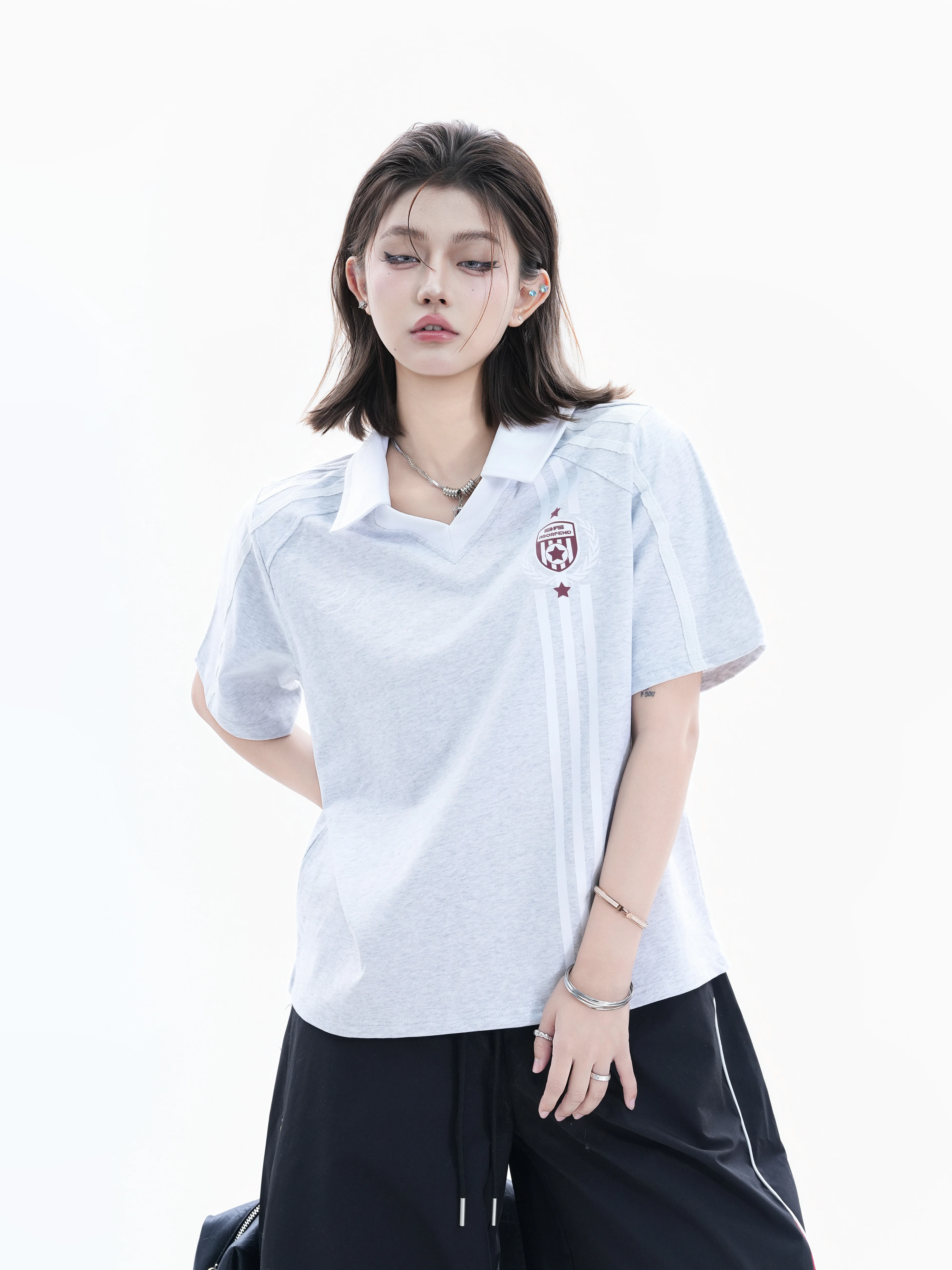 

American Style College Shirt Women's Contrast Color Collar Stripe Badge Print Couple Slim Short Sleeve Cotton T-shirt