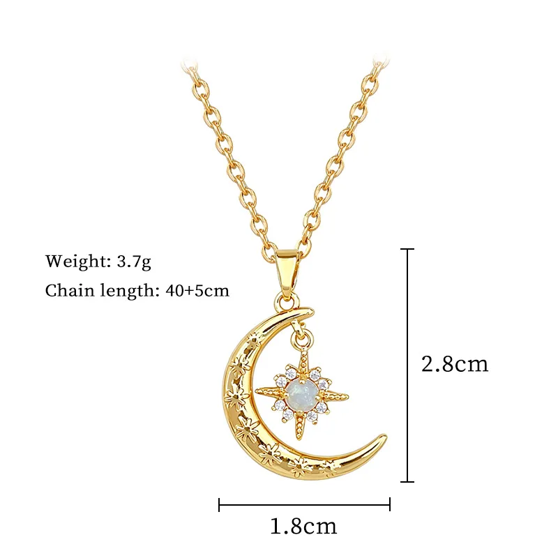 DIEYURO 316L Stainless Steel Golden Gorgeous Moon Stars Inlay Colorful Crystal Pendant Necklace Women Non-fading Jewelry Gift