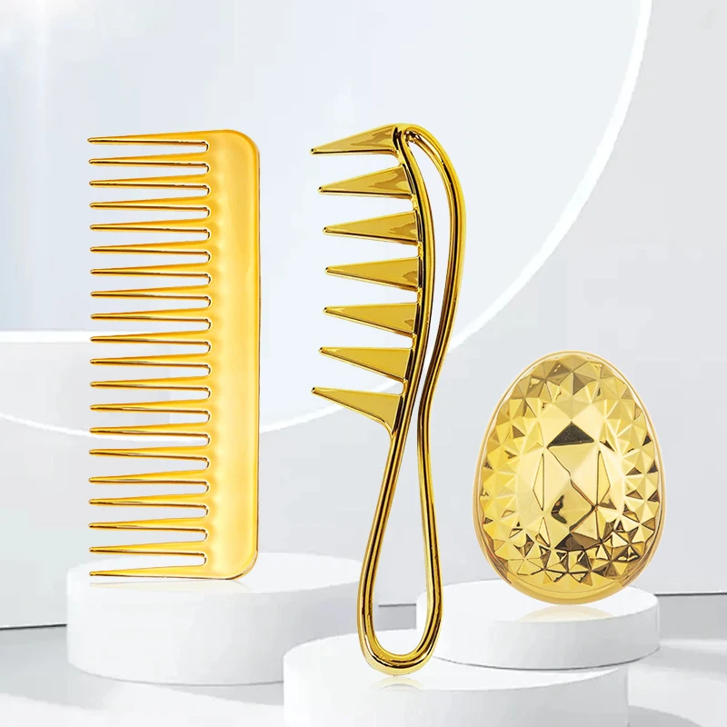 

3pcs Golden Hollow Comb Wide Tooth Scalp Massage Household Silicone Cleaning Brush for Hair Bathing Barber Salon Styling Tools