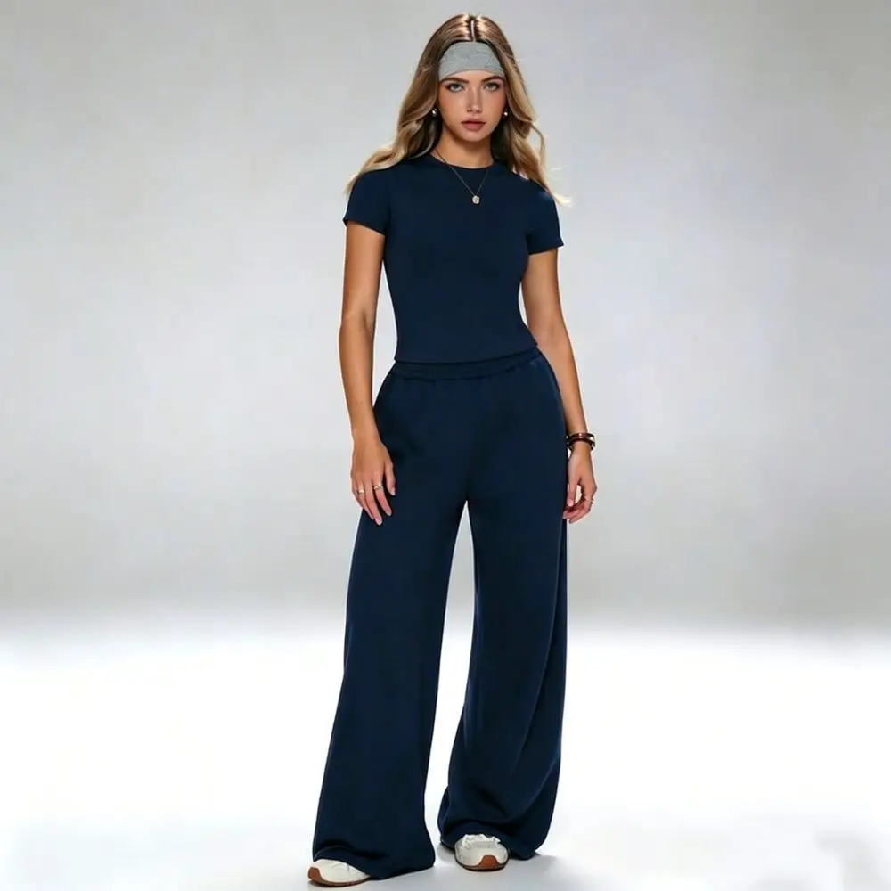 Womens Fitness Outfits Quick Dry Short Sleeve Top Wide Leg Pants Loose Yoga Running Casual Sportswear Athletic Suits