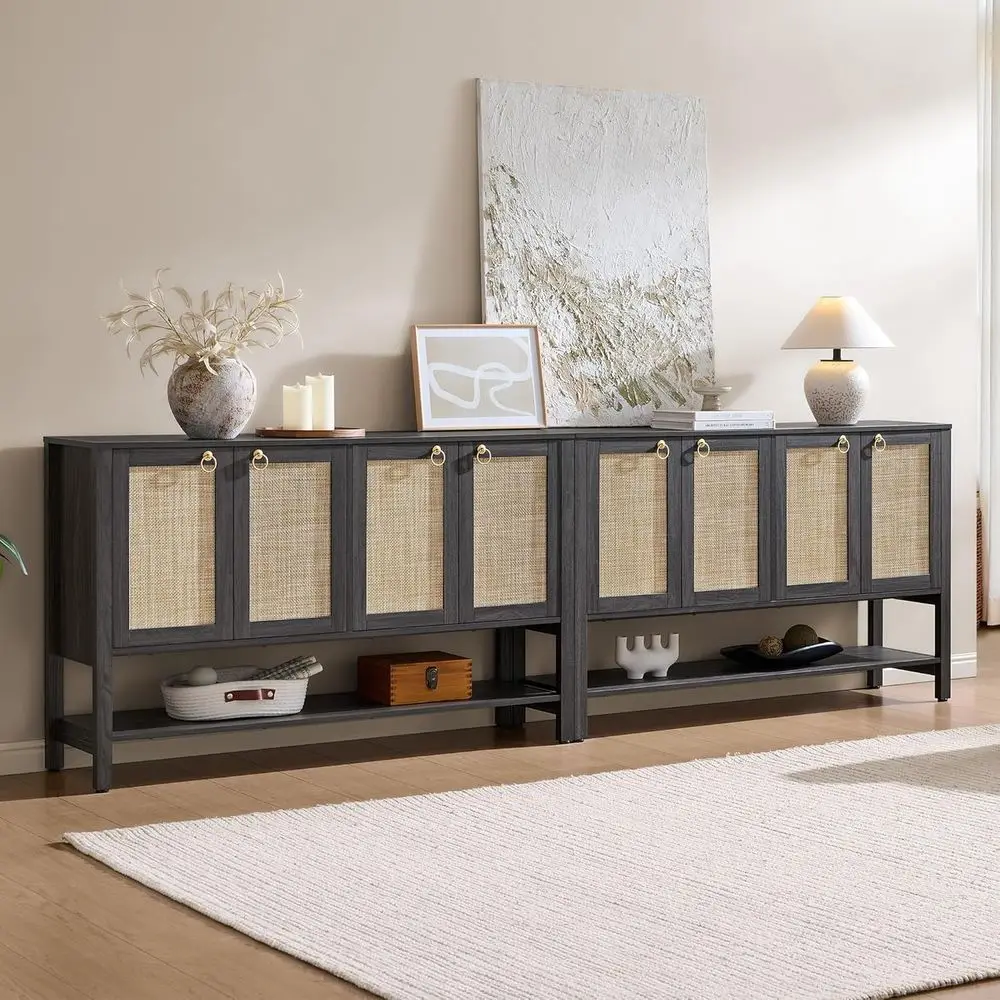 

Большой буфет в стиле бохо из ротанга с 4 дверцами и регулируемыми полками, кофейный столик (Оптический камень)