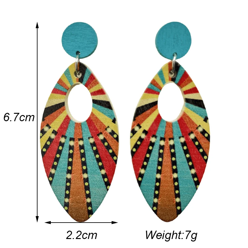 Bohemian Artistic Style Colorful Wooden Earrings for Women Fashion Unique Design Printed Drop Earring Vacation Party Jewelry