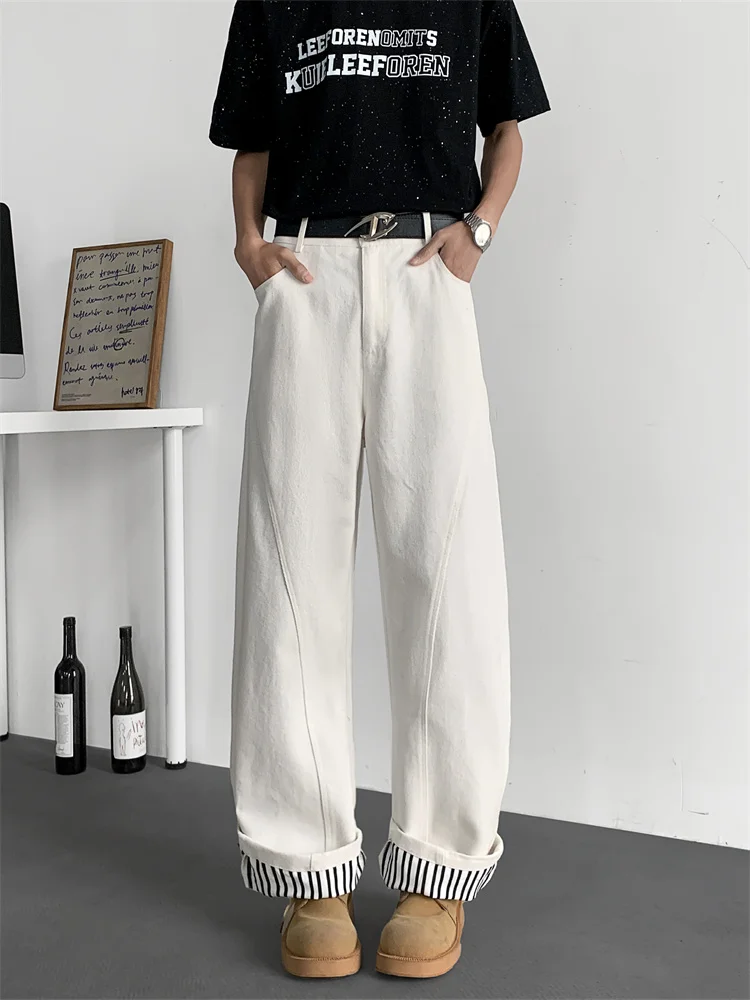 

White Wide Leg Jeans Men's American Loose Straight Tube Pants Cuff Design Casual Versatile Jeans Knife Casual Fashion