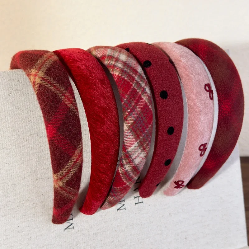 Retro Red Sweet Wool Headbands for Woman Girl Temperament Hair Hoop Sponge Wide Hair Band Female Christmas Hair Accessories Gift
