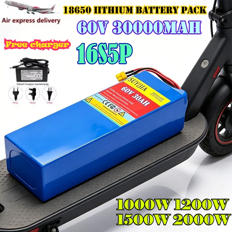 

New 16S5P 60V 30AH High Power Lithium Battery Pack 30000mah 18650 1000W 1200W 1500W 2000W Motor Built-in BMS + Free Charger